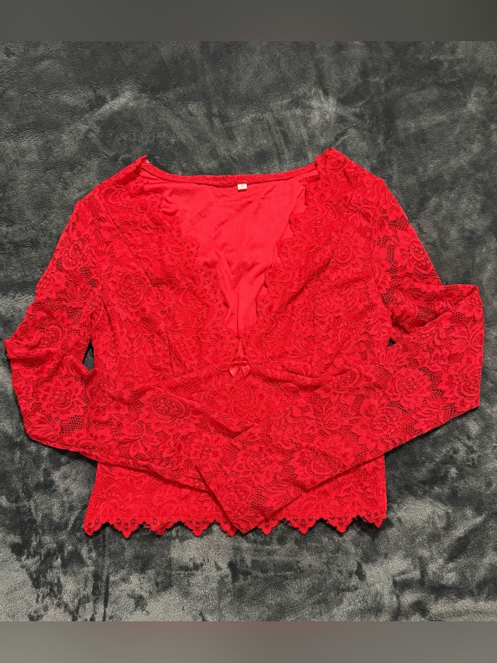 Lace V-Neck Long Sleeve Top - Red